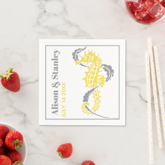 Seahorse and seaweed gray and yellow wedding napkins