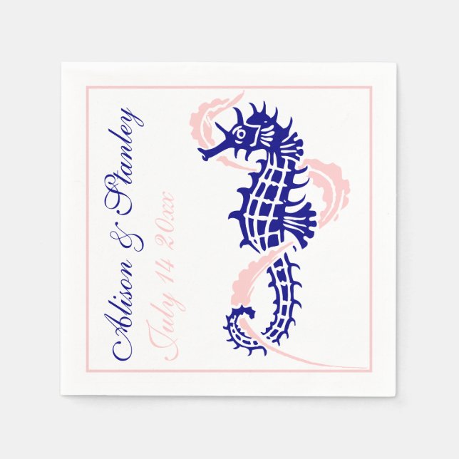 Seahorse and seaweed navy blue, pink wedding napkins (Front)