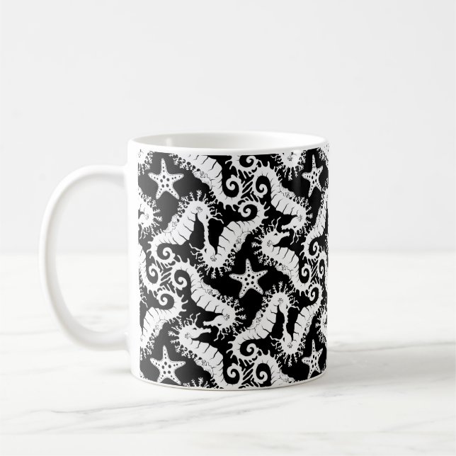 Seahorse and Starfish - Black and White Pattern Coffee Mug (Left)