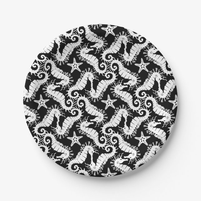 Seahorse and Starfish - Black and White Pattern Paper Plates (Front)
