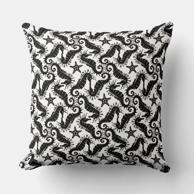 Seahorse and Starfish - Black and White Pattern Throw Pillow (Front)