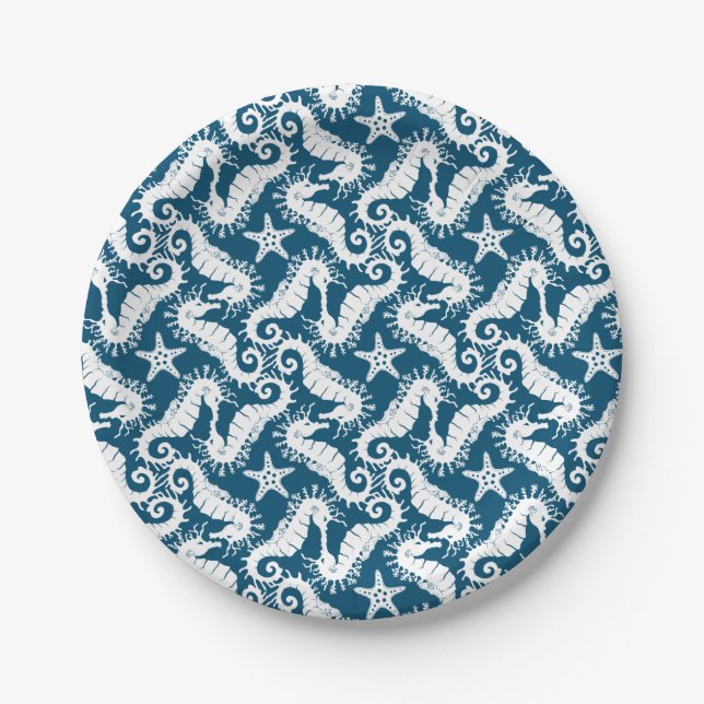 Seahorse and Starfish - Blue Sealife Pattern Paper Plates (Front)
