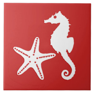 Seahorse and starfish - dark coral red and white ceramic tile