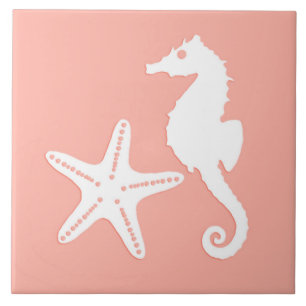 Seahorse and starfish - Light Coral Pink Ceramic Tile