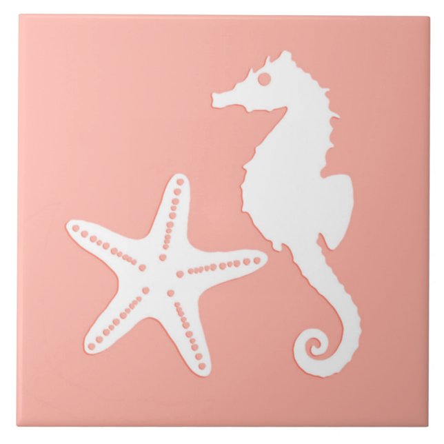 Seahorse and starfish - Light Coral Pink Ceramic Tile (Front)