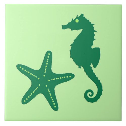 Seahorse and starfish _ lime and emerald green tile