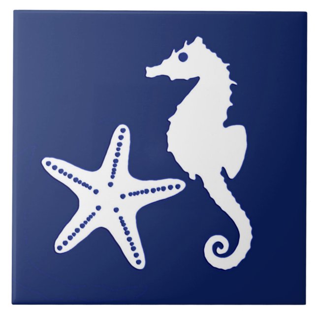 Seahorse and starfish - navy blue and white ceramic tile (Front)