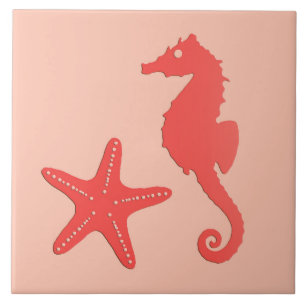 Seahorse and starfish - shades of coral orange ceramic tile