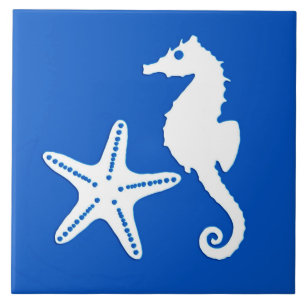 Seahorse and starfish - white on cobalt blue ceramic tile