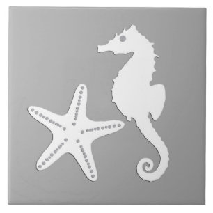 Seahorse and starfish - white on silver grey ceramic tile
