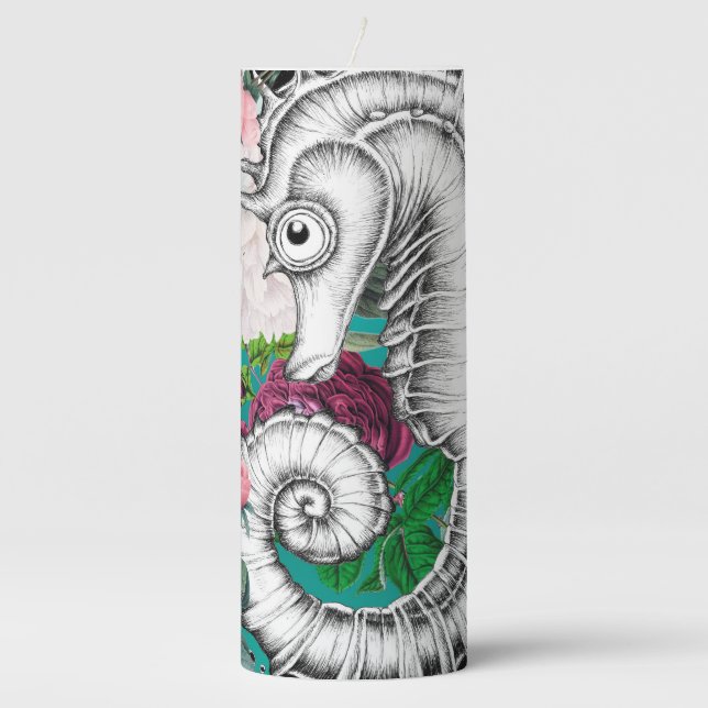 Seahorse Aqua Roses Ink Pillar Candle (Front)