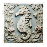 Seahorse Art Nouveau Faux Relief Left facing Mint Ceramic Tile<br><div class="desc">"art nouveau seaside flowers",  "underwater seahorse creature",  "ocean sea marine animals",  "faux relief ceramic tile",  "mint blue white water",  "pastel turquoise teal",  "vintage decorative shore life",  "floral nautical animal",  "beautiful light sage green",  "gold beach coast antique"</div>