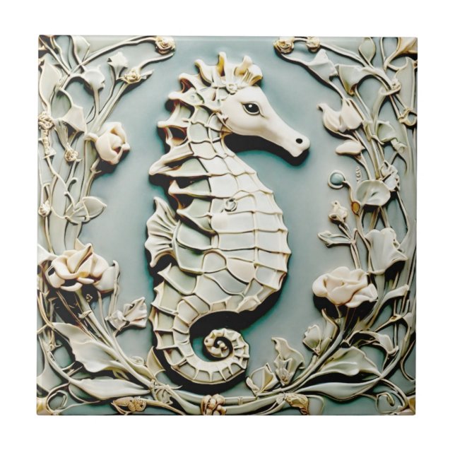 Seahorse Art Nouveau Faux Relief Right facing Mint Ceramic Tile (Front)