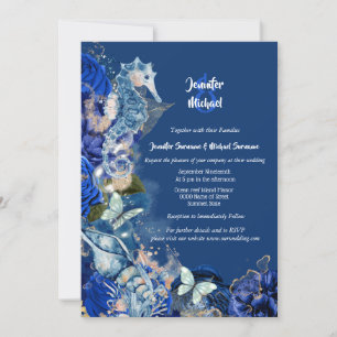 Seahorse beach butterfly blue orange wedding invitation