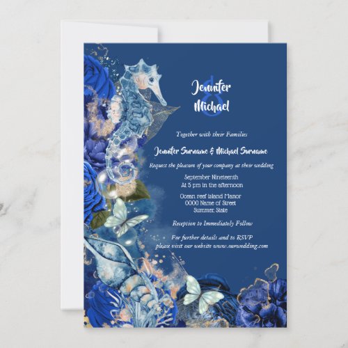 Seahorse beach butterfly blue orange wedding invitation