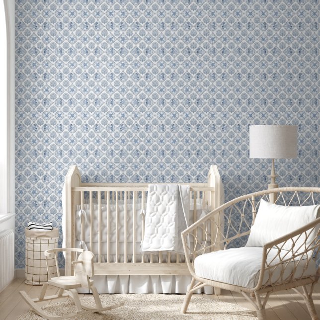 Seahorse Beach Coastal Blue and White Geometric Wallpaper (Kids)