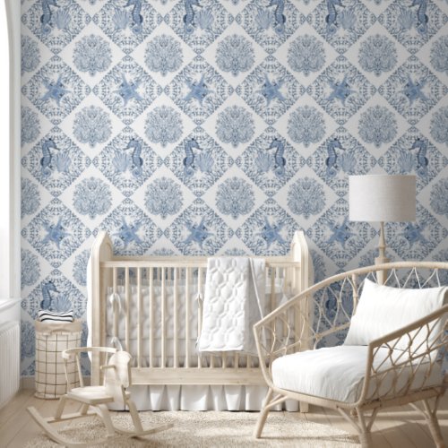 Seahorse Beach Coastal Blue and White Geometric Wallpaper