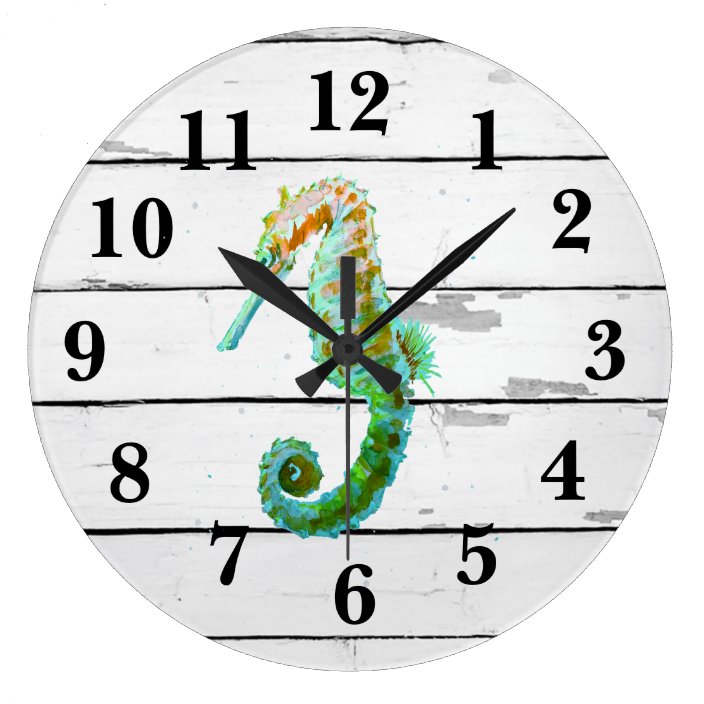 Seahorse Beach Decor Rustic Shiplap Large Clock | Zazzle