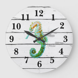 Seahorse Beach Decor Rustic Shiplap Large Clock