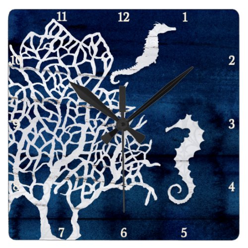 Seahorse Beach House Coral Vintage Navy Blue White Square Wall Clock