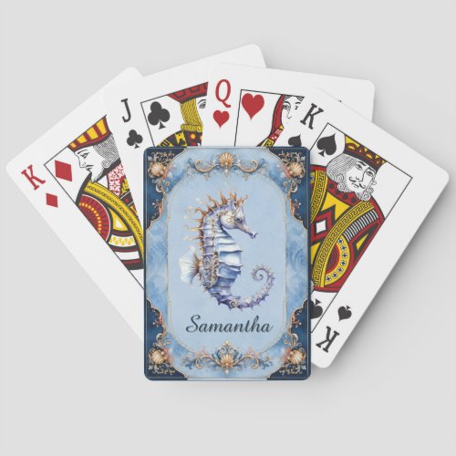 Seahorse beach theme blue ivory game night  poker cards
