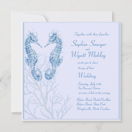 seahorse beach wedding blue - invitation