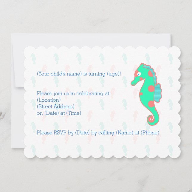 Seahorse Birthday Customizable Invitation Seahorse (Front)