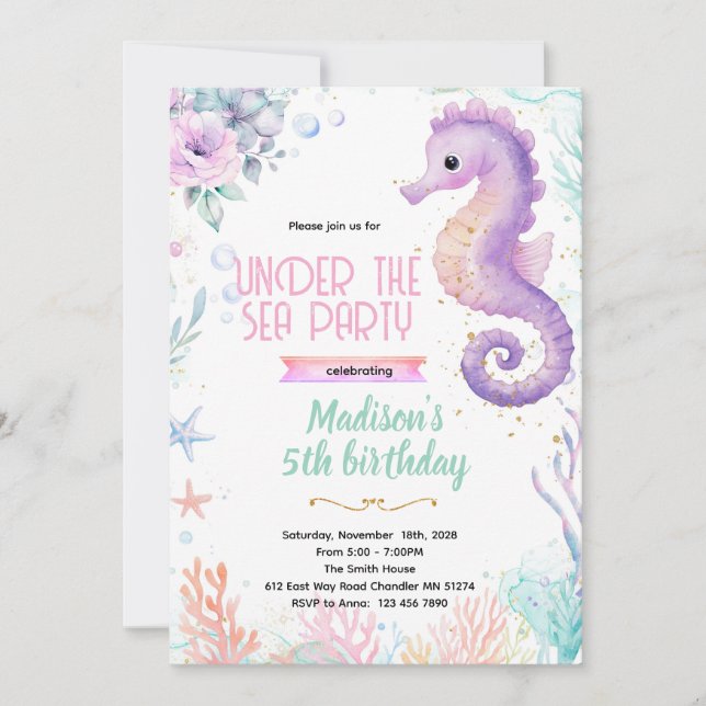 Seahorse birthday theme party invite (Front)