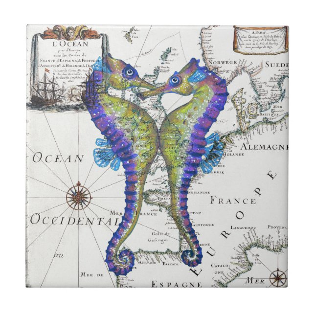 Seahorse Blue Ceramic Tile (Front)