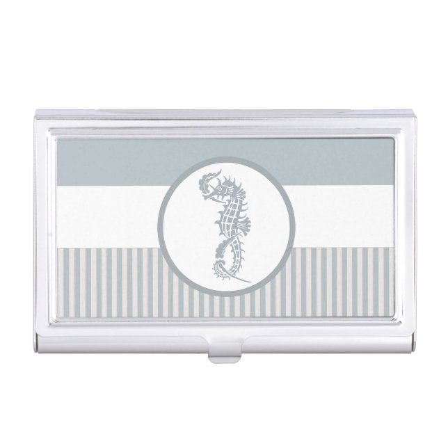 Seahorse Blue Classic Nautical Elegant Business Card Holder (Front)