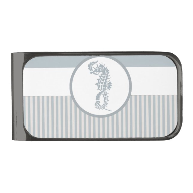 Seahorse Blue Classic Nautical Elegant Gunmetal Finish Money Clip (Front)