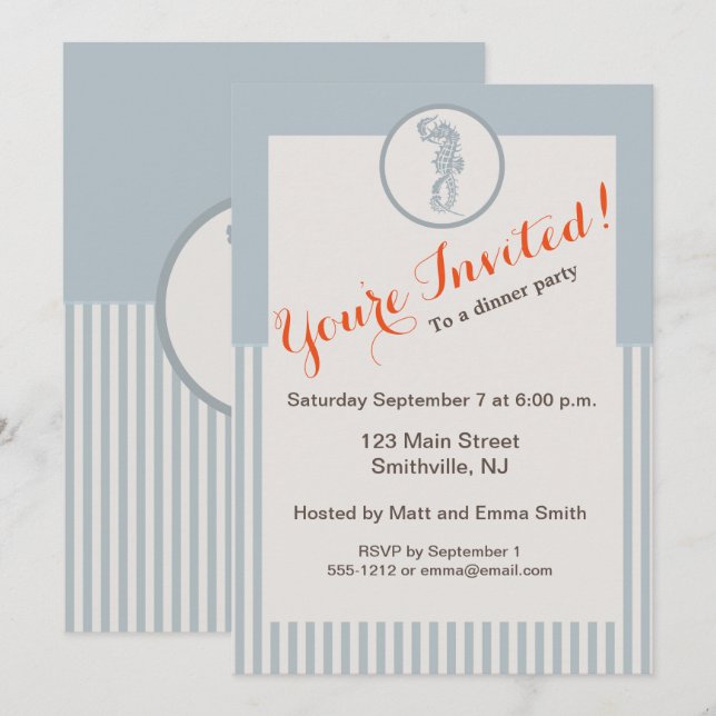 Seahorse Blue Classic Nautical Elegant Invitation (Front/Back)