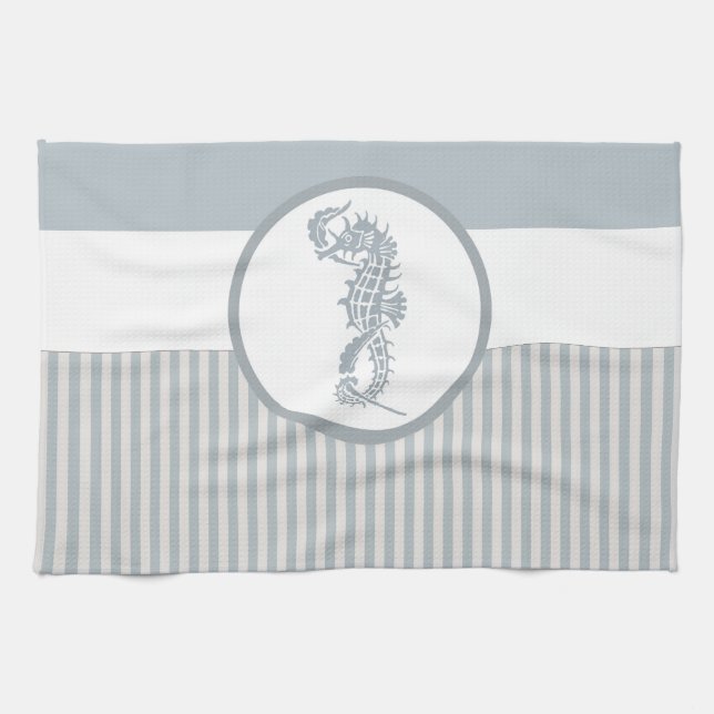 Seahorse Blue Classic Nautical Elegant Kitchen Towel (Horizontal)