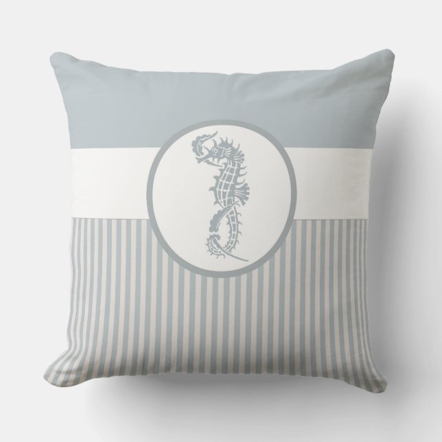 Seahorse Blue Classic Nautical Elegant Outdoor Pillow (Front)