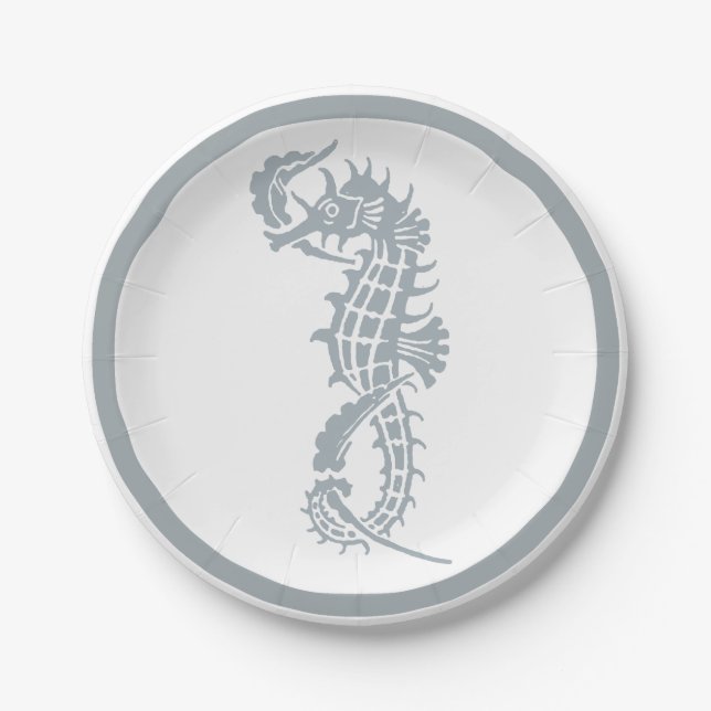 Seahorse Blue Classic Nautical Elegant Paper Plates (Front)