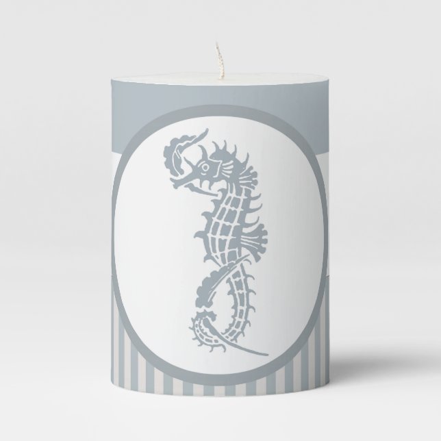 Seahorse Blue Classic Nautical Elegant Pillar Candle (Front)