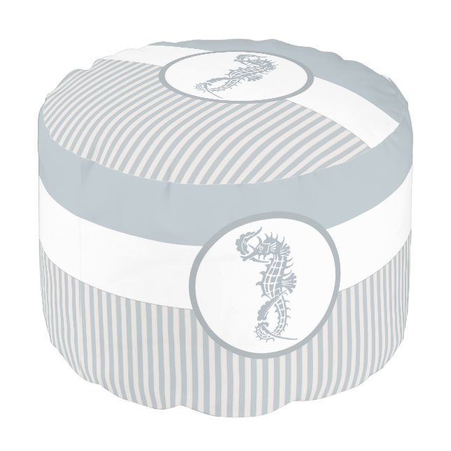 Seahorse Blue Classic Nautical Elegant Pouf (Angled Back)