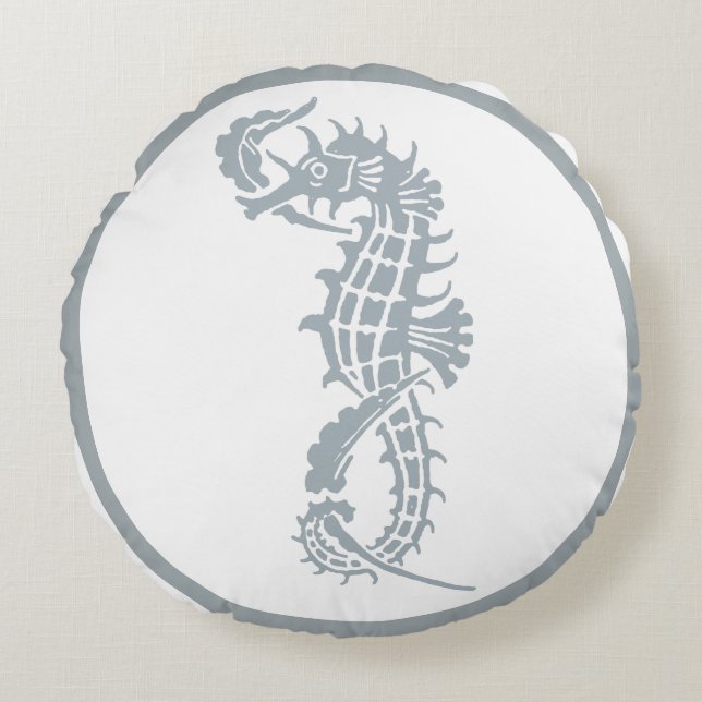 Seahorse Blue Classic Nautical Elegant Round Pillow (Front)