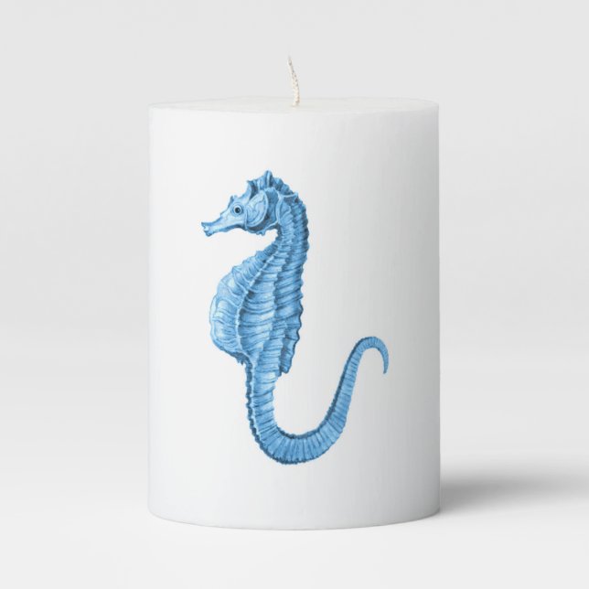 Seahorse blue coastal ocean nautical beach pillar candle (Front)