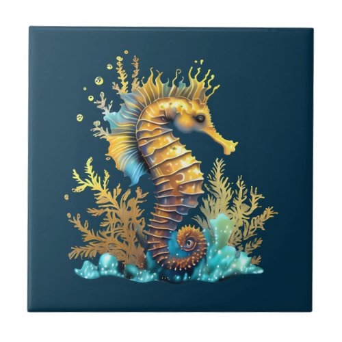 Seahorse blue gold nautical marine beach chic ceramic tile