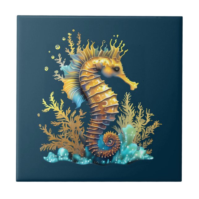 Seahorse blue gold nautical marine beach chic ceramic tile (Front)