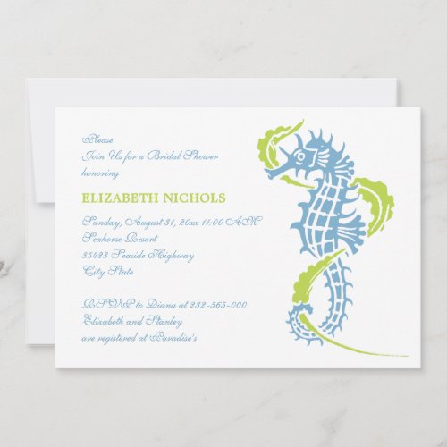 Seahorse blue, green wedding bridal shower personalized invites