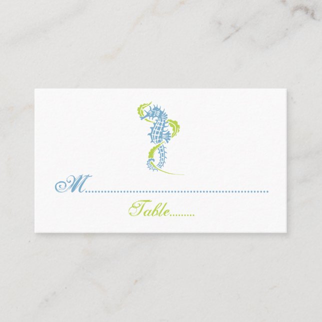 Seahorse blue, green wedding place card (Front)