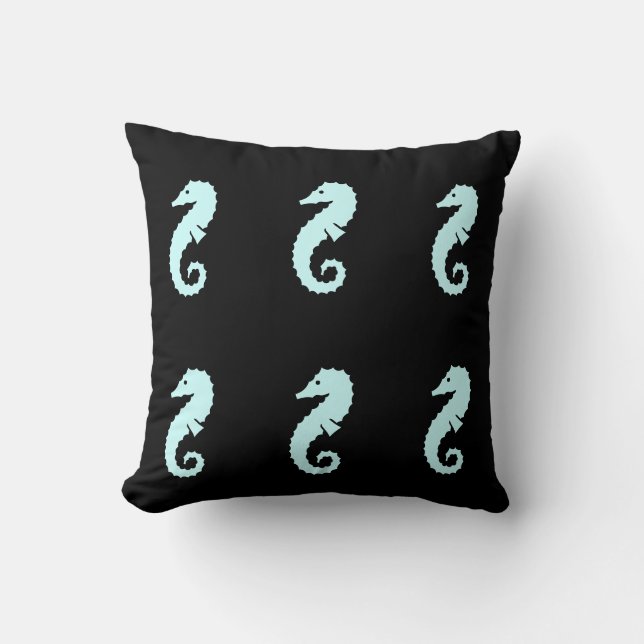 SEAHORSE  blue on black  pillow (Front)