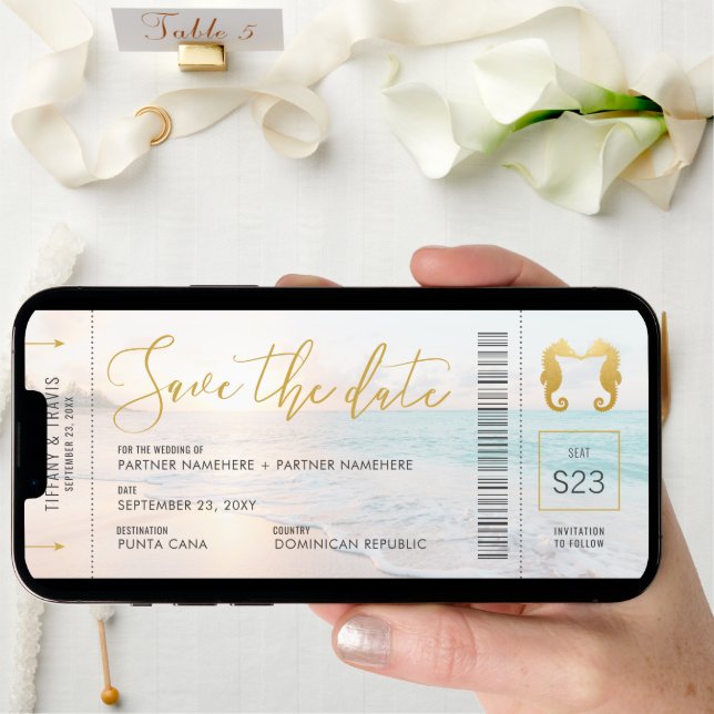 Seahorse Boarding Pass Ticket Beach Wedding Save The Date (Front Digital)