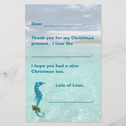 Seahorse Christmas Kids Writing Paper Thank You 