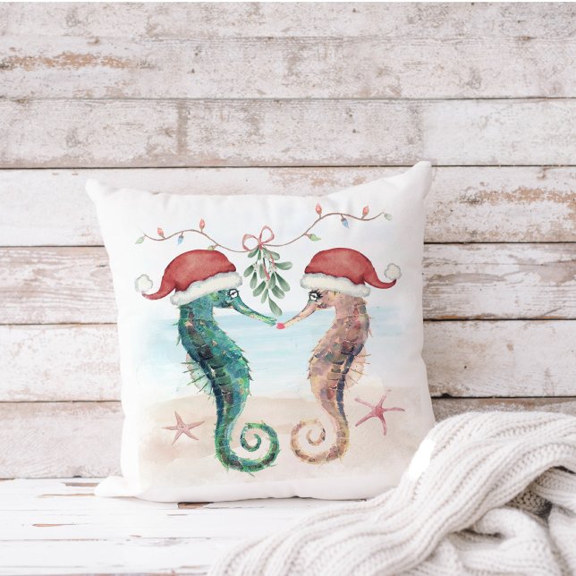 Seahorse Christmas Kiss Beach Cotton  Throw Pillow (Creator Uploaded)