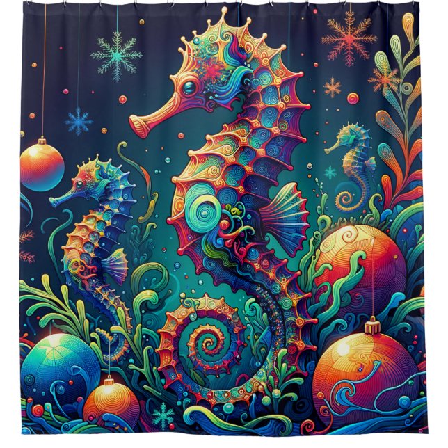 “Seahorse Christmas Wonderland” Shower Curtain (Front)