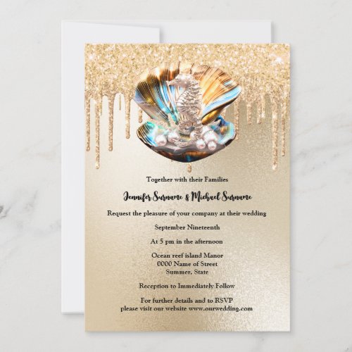 Seahorse clam shell pearl gold glitter sparkling  invitation