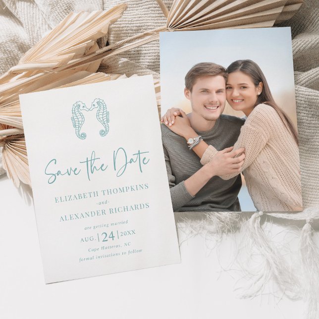 Seahorse Coastal Beach Aqua Blue Wedding Save The Date (Creator Uploaded)